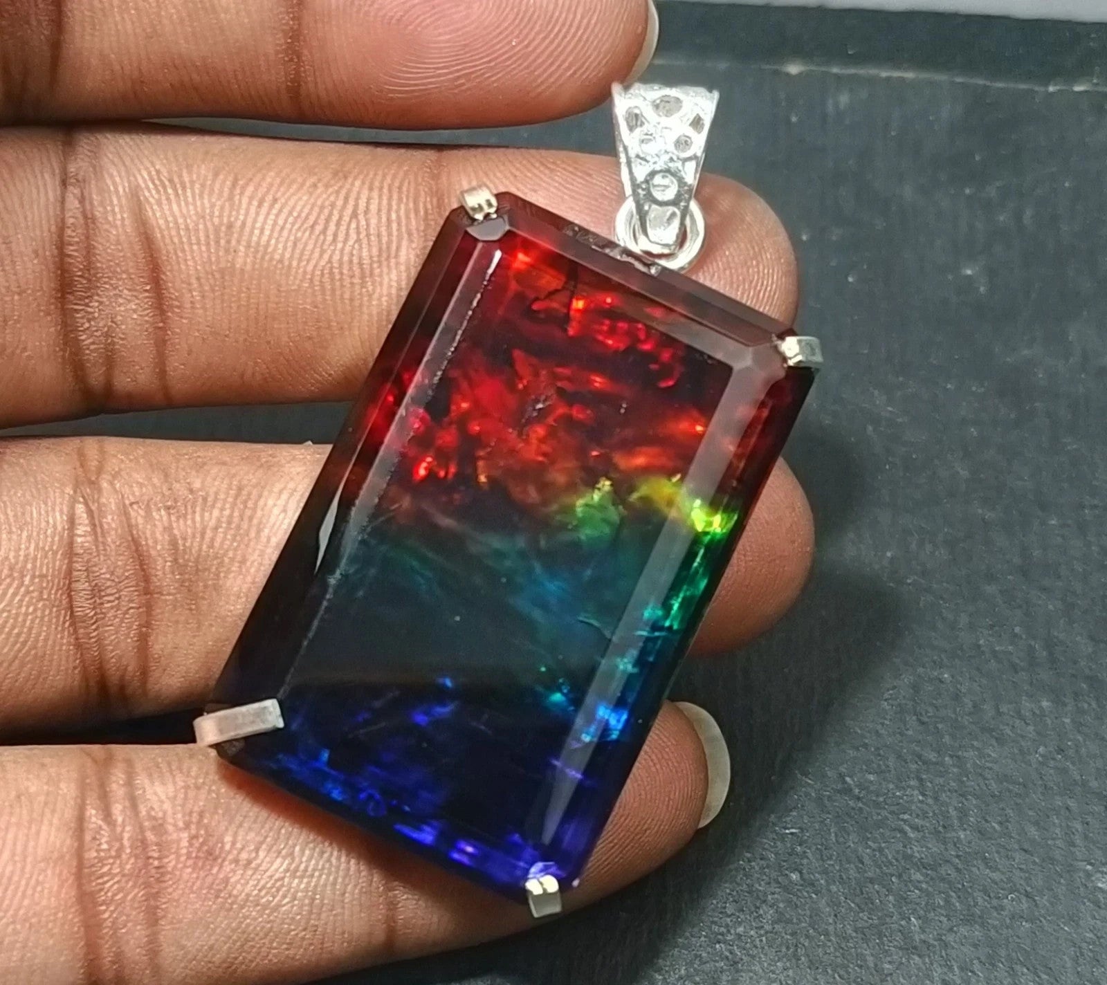 Certified 98.70 Ct Natural Ammolite 925 Solid Silver Rainbow Pendant Gemstone