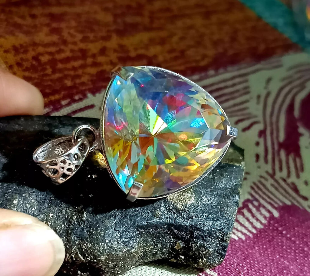 EGL 83.55 Ct+Natural Mystic Topaz Trillion Cut 925 Solid Silver Pendant Gemstone