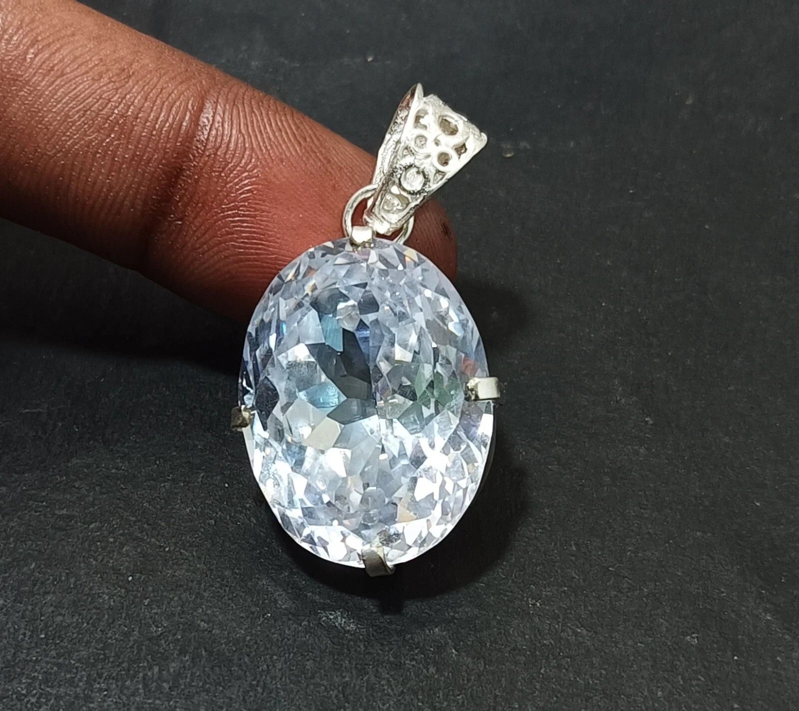 30 Ct Natural Brazilian Oval Cut White Zircon Pendant 925 Silver Gemstone