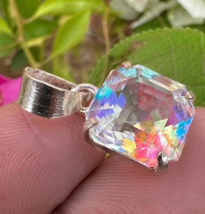 25.82 Ct Mystic Quartz Pendant – Certified Asscher Cut Rainbow Gem in 925 Silver