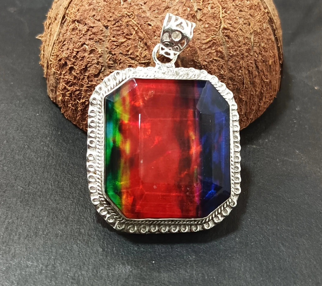 Certified 94.35 Ct Natural Ammolite 925 Solid Silver Rainbow Pendant Gemstone