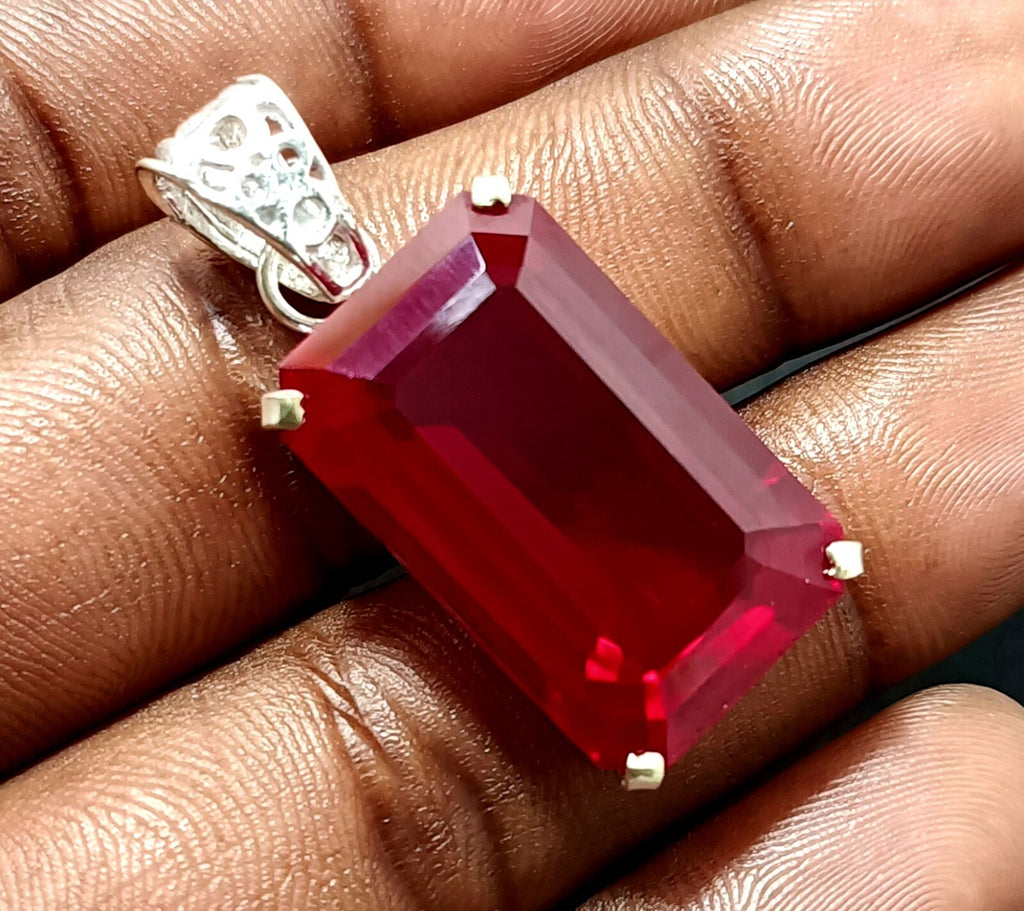 925 Sterling Silver Plated Emerald CutRuby Necklace locket Pendant 63.95 Ct