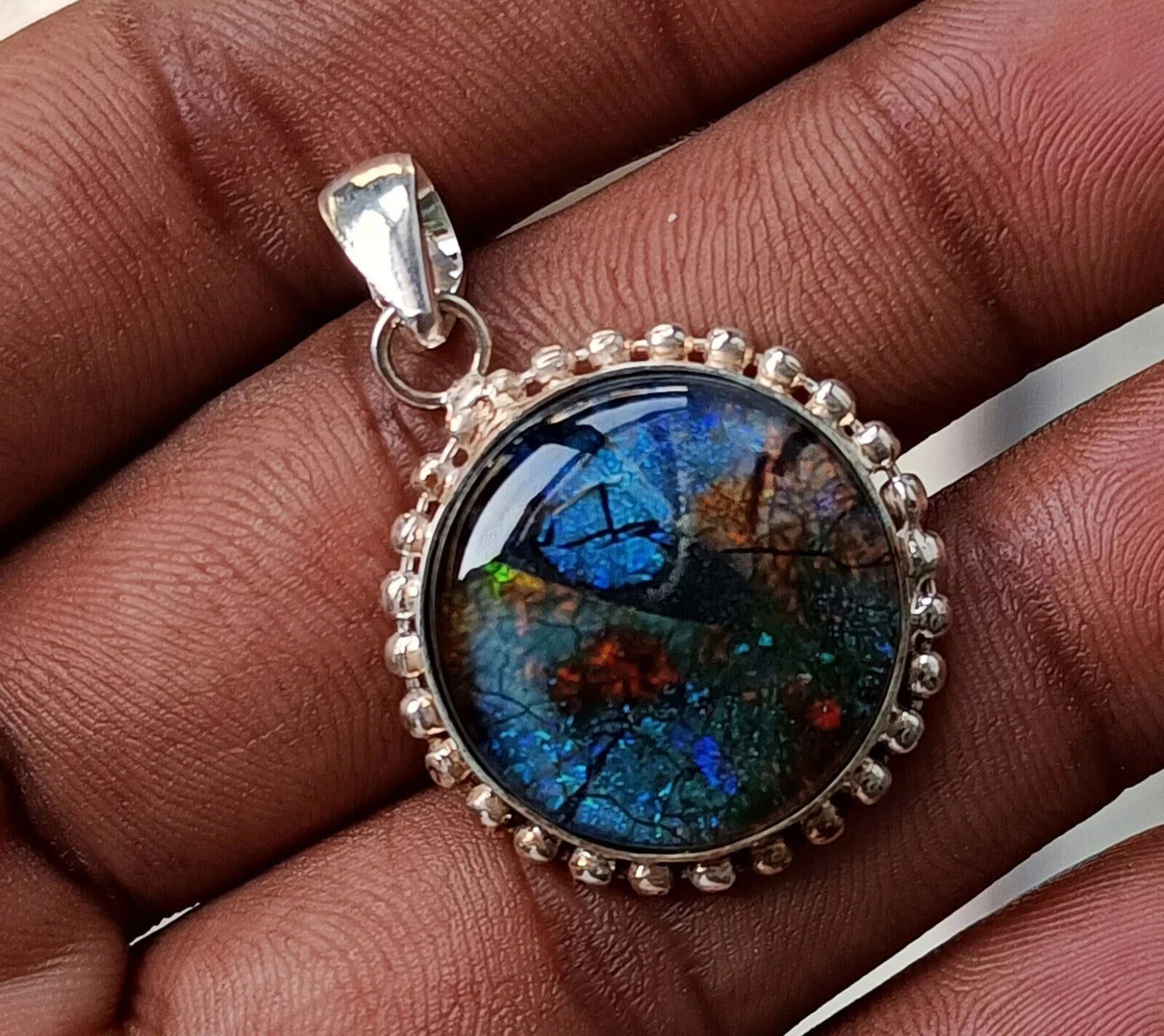 Sterling Silver Round Pendant 35.85 Ct Natural Monarch Fire Opal Certified Gems