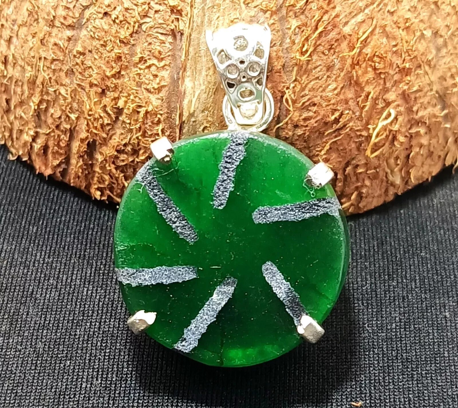 57.90Ct Natural Emerald Trapiche Solid Silver Round Pendant CERTIFIED Gemstone