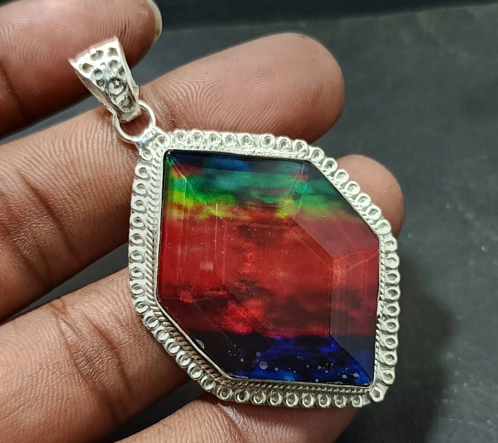 Certified 87.85 Ct Natural Ammolite 925 Solid Silver Fancy Cut Pendant Gemstone