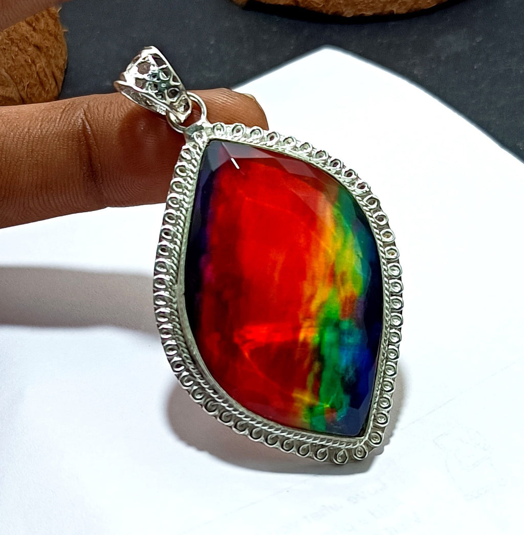 Certified 100.85 Ct Natural Ammolite 925 Solid Silver Rainbow Pendant Gemstone