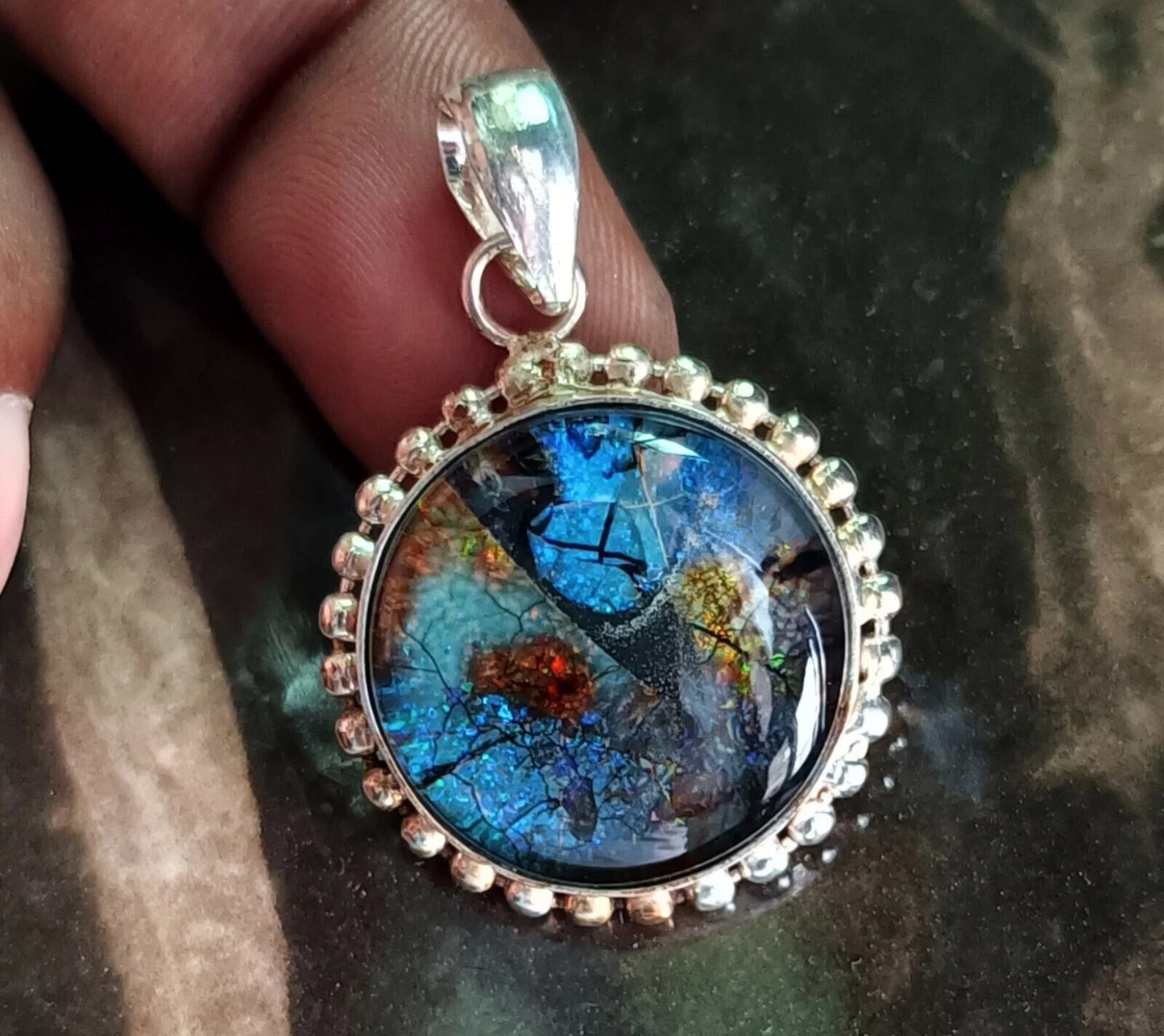 Sterling Silver Round Pendant 35.85 Ct Natural Monarch Fire Opal Certified Gems