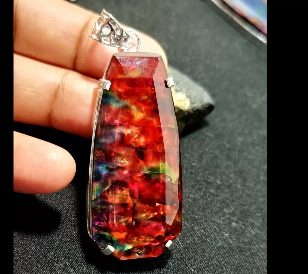 Certified 92.50 Ct Natural Ammolite 925 Solid Silver Rainbow Pendant Gemstone
