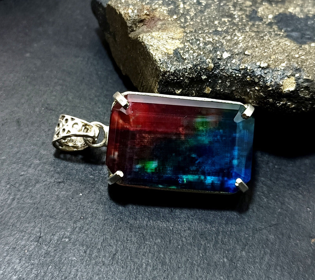 Certified 65.05Ct Natural Ammolite 925 Silver Emerald Cut Pendant Loose Gemstone