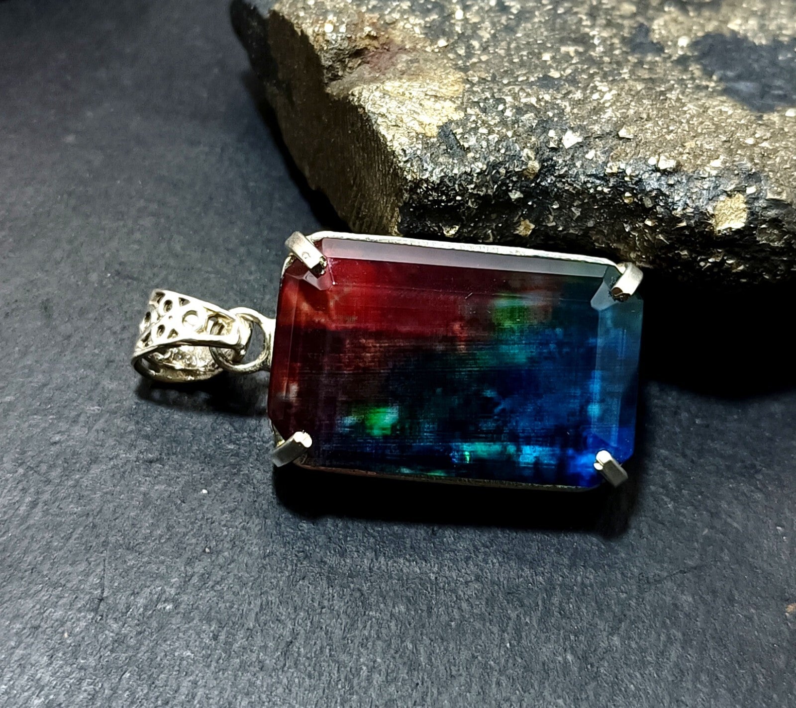 Certified 65.05Ct Natural Ammolite 925 Silver Emerald Cut Pendant Loose Gemstone