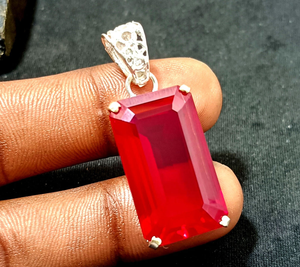 925 Sterling Silver Plated Emerald CutRuby Necklace locket Pendant 64.65 Ct