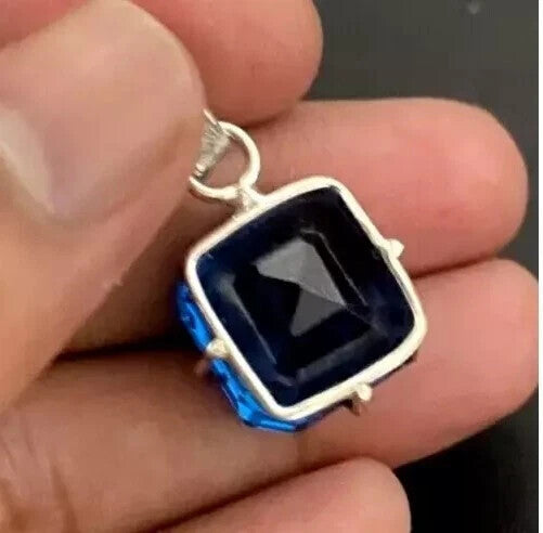 Certified 34 Ct Natural Blue Sapphire Asscher 925 Silver Pendant Loose Gemstone