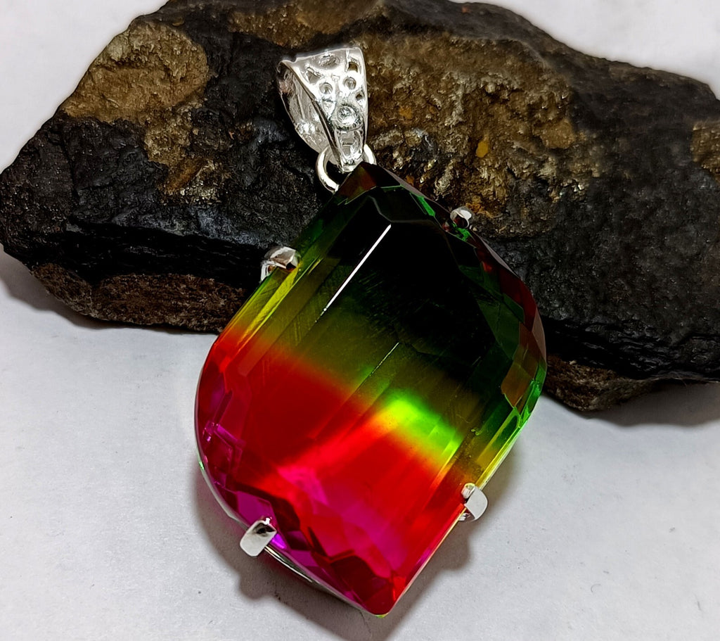 Bi-color Fancy Cut Certified Tourmaline 85 Ct+ Silver Pendant Gemstone