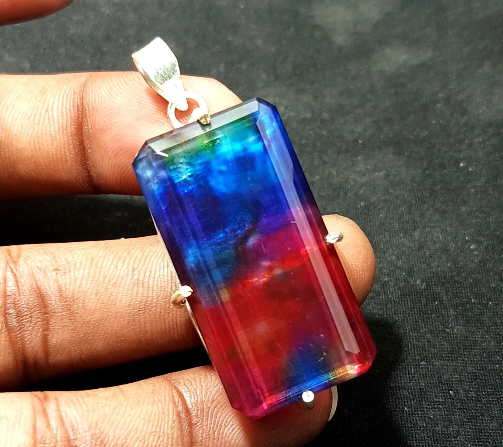 Certified 76.75 Ct Natural Ammolite Doublet Solid Silver Pendant Loose Gemstone