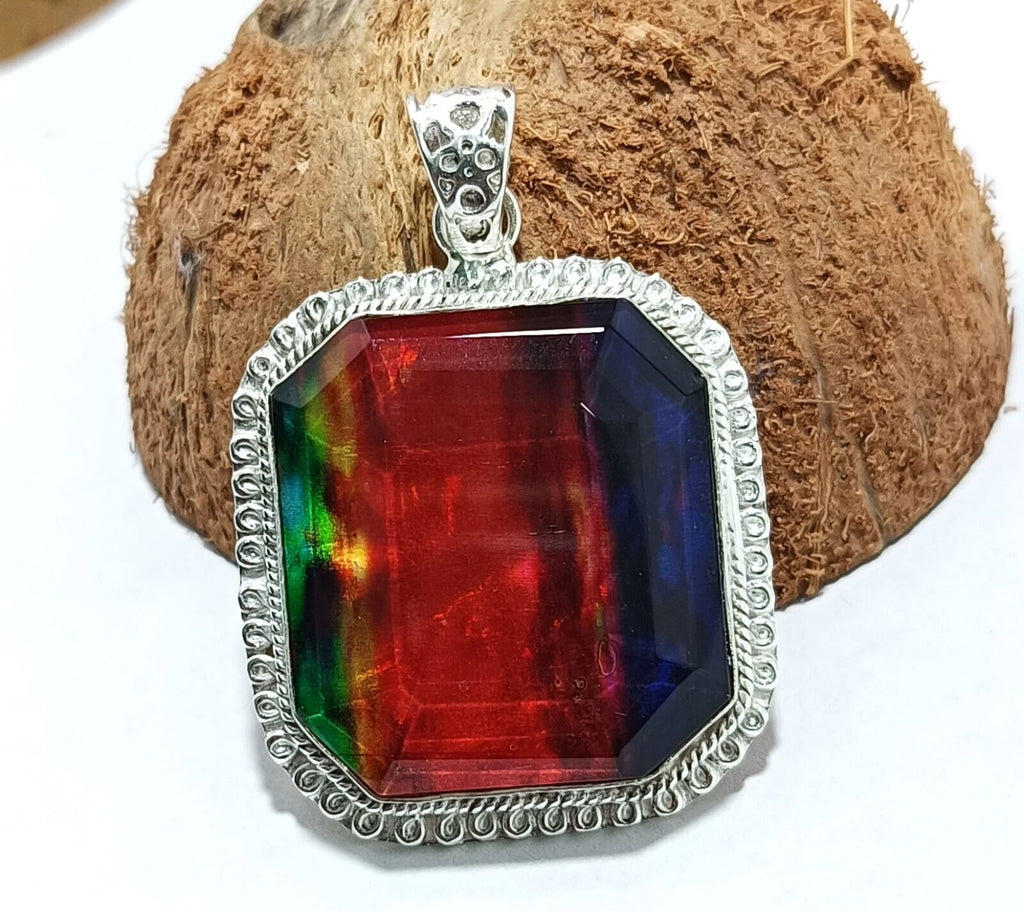 Certified 94.35 Ct Natural Ammolite 925 Solid Silver Rainbow Pendant Gemstone