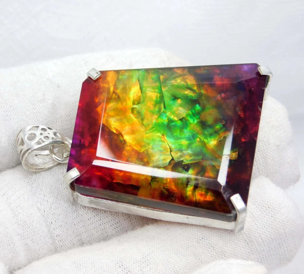 EGL Certified 85.15 Ct Natural Ammolite 925 Solid Silver Pendant Loose Gemstone