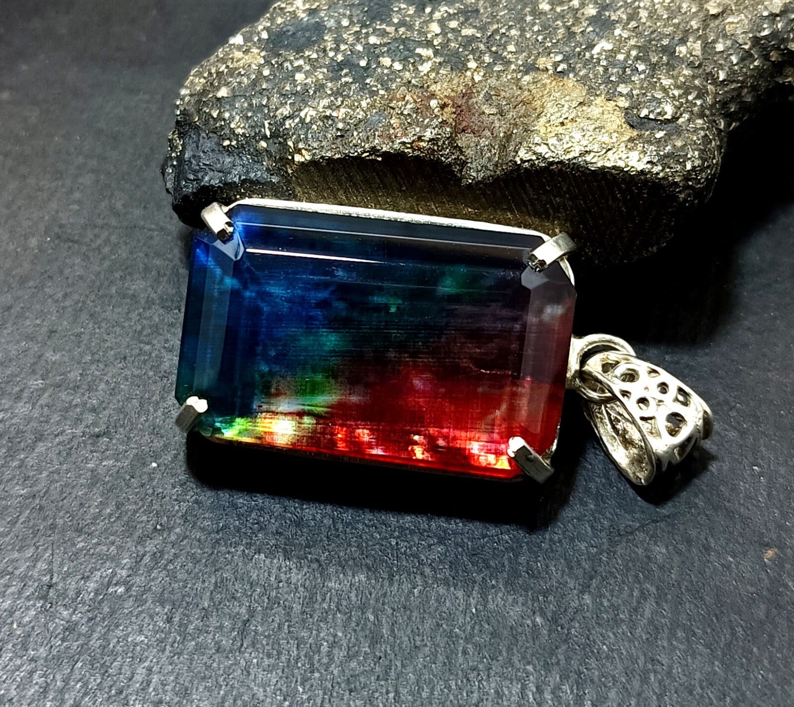 Certified 65.05Ct Natural Ammolite 925 Silver Emerald Cut Pendant Loose Gemstone