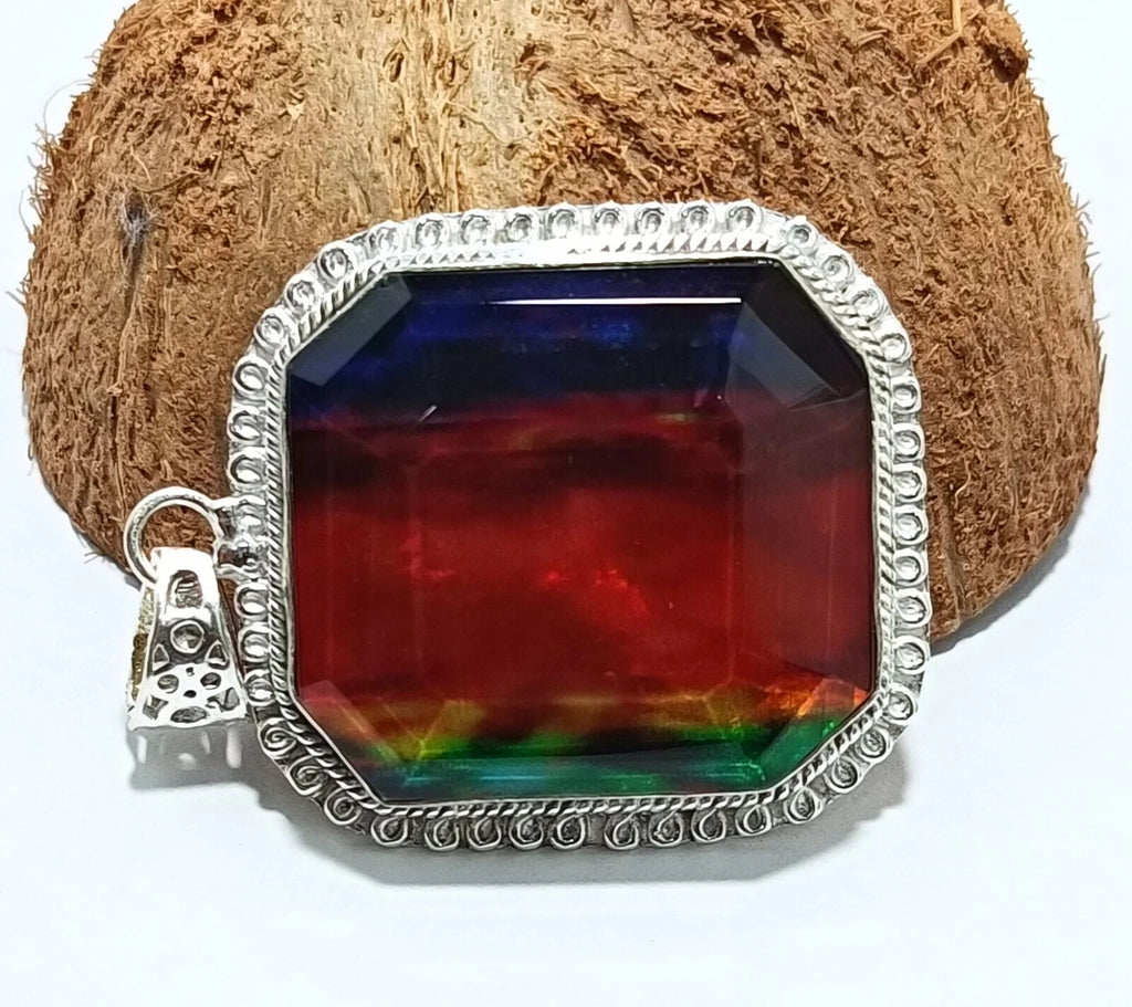Certified 94.35 Ct Natural Ammolite 925 Solid Silver Rainbow Pendant Gemstone