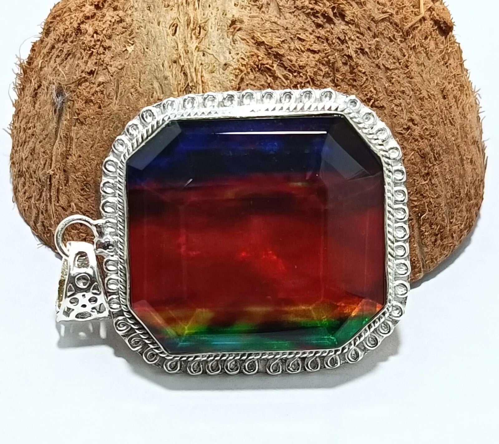 Certified 94.35 Ct Natural Ammolite 925 Solid Silver Rainbow Pendant Gemstone