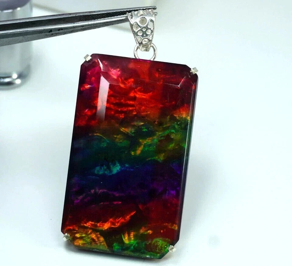 Certified 92 Ct Emerald Natural Ammolite Rainbow Solid Silver Pendant Gemstone