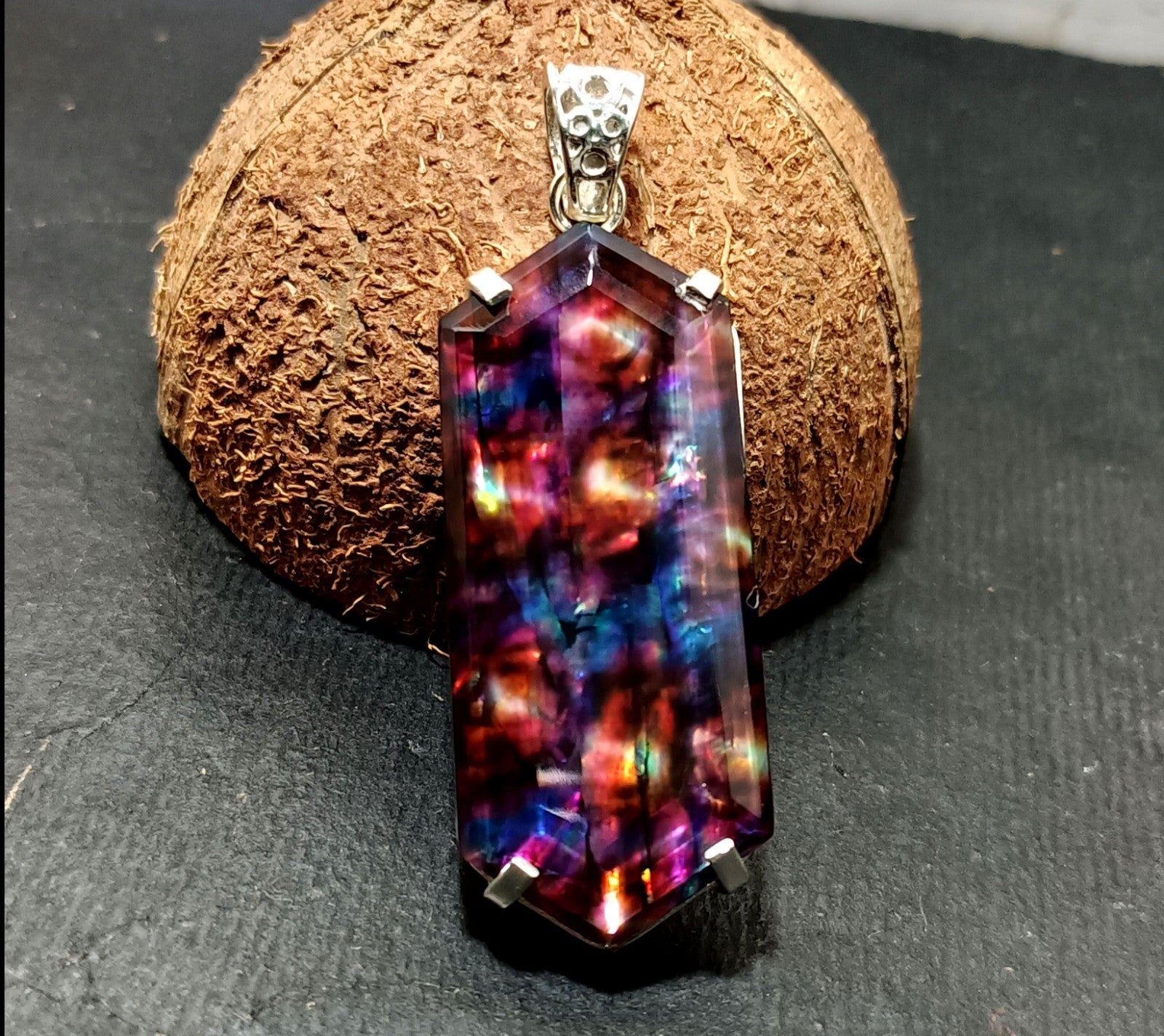 Certified 75.80 Ct Natural Ammolite 925 Solid Silver Rainbow Pendant Gemstone