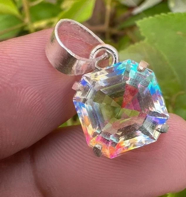 25.82 Ct Mystic Quartz Pendant – Certified Asscher Cut Rainbow Gem in 925 Silver