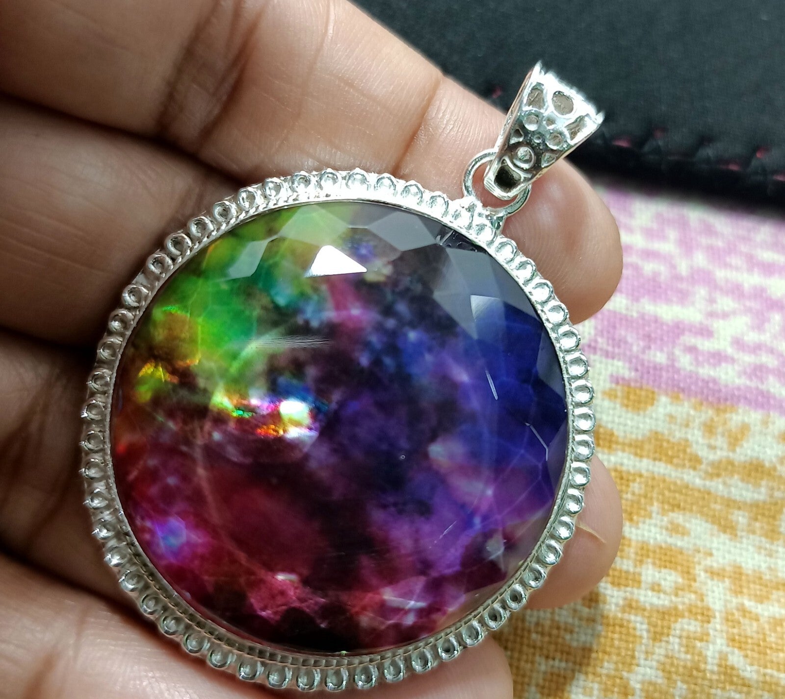 Certified Round Cut 118.50 Ct Natural Ammolite  Solid Silver Pendant Gemstone