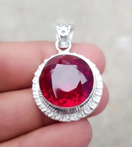 20 Ct Natural Ruby Round Pendant Necklace in Silver Handmade Jewelry
