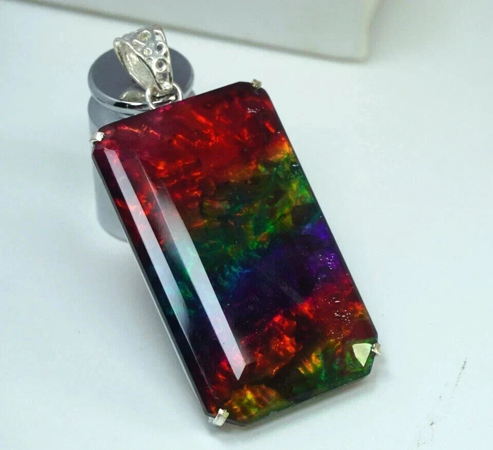 Certified 92 Ct Emerald Natural Ammolite Rainbow Solid Silver Pendant Gemstone