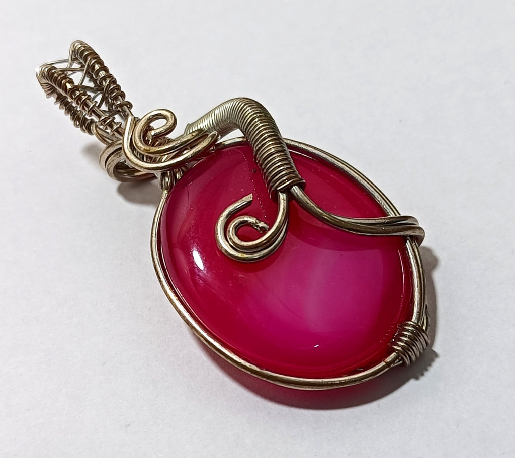 96.25 ct Pink strip Agate Brass silver polished wire Wrapped jewelry Pendant