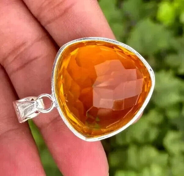 101.90 Ct Natural Yellow Citrine Trillion in Solid Silver Pendant Gemstone