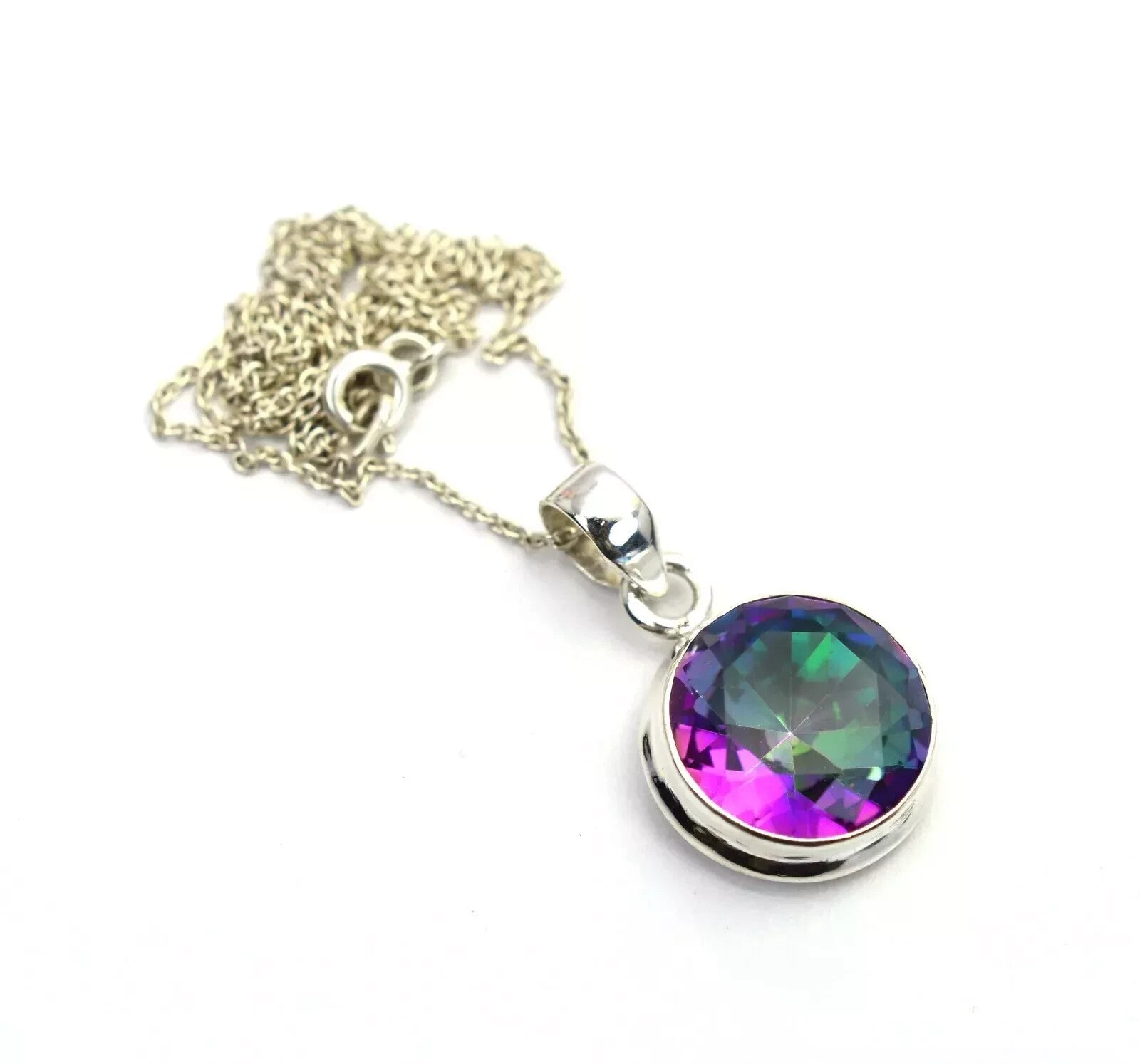 925 SOLID STERLING SILVER FACETED MYSTIC TOPAZ PENDANT 20 Ct Round Cut Gemstone