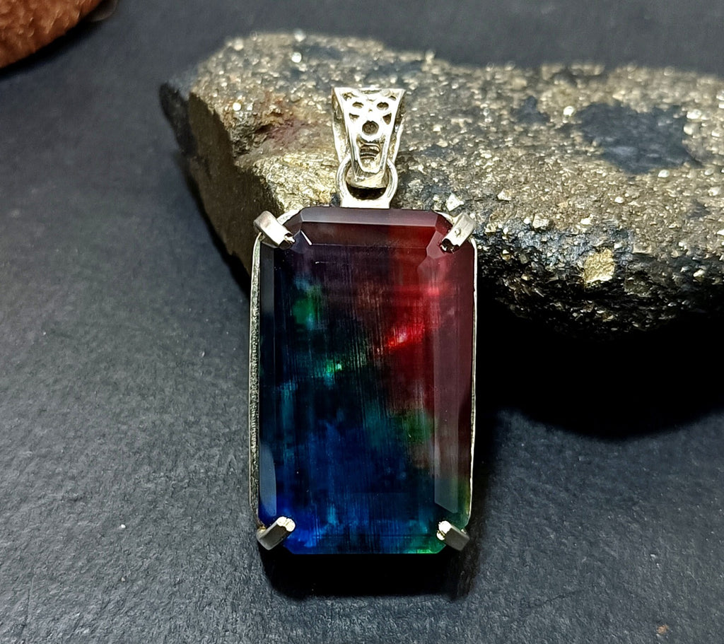 Certified 65.05Ct Natural Ammolite 925 Silver Emerald Cut Pendant Loose Gemstone