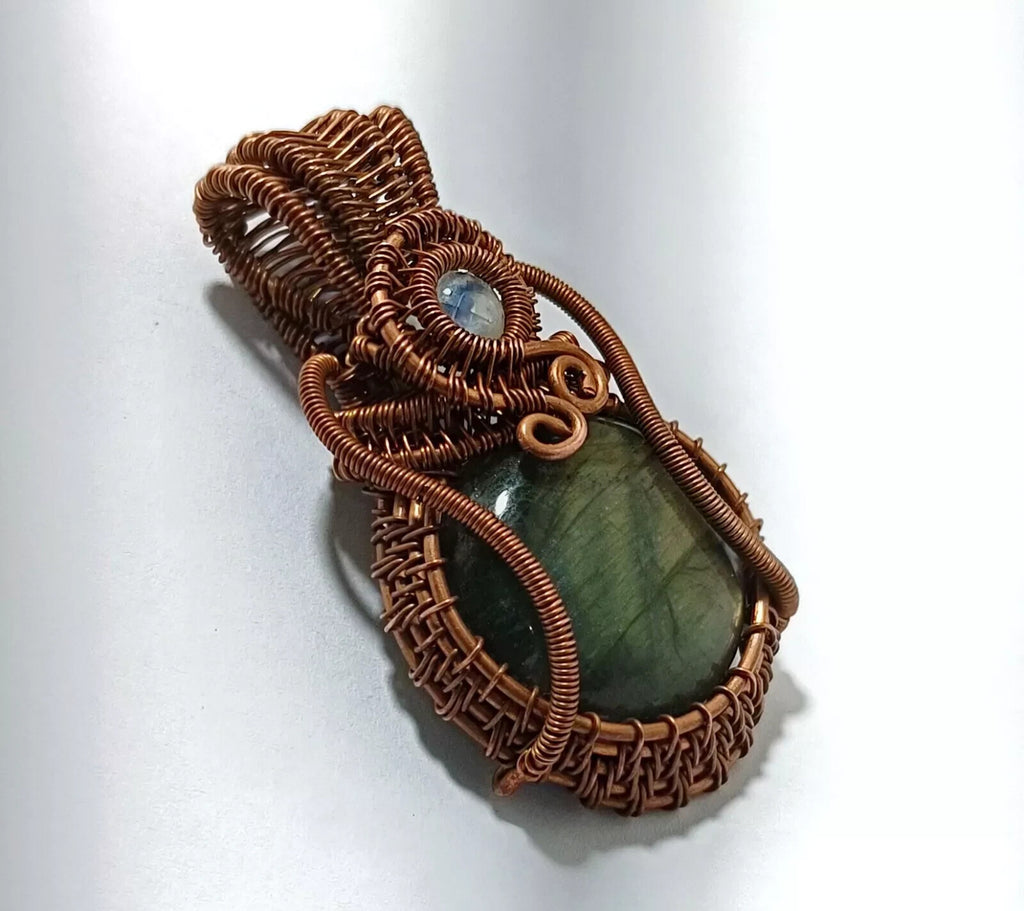 145.5 Ct Labradorite Wire Wrapped Pendant Handcrafted Copper Ethnic Gift 2.34"