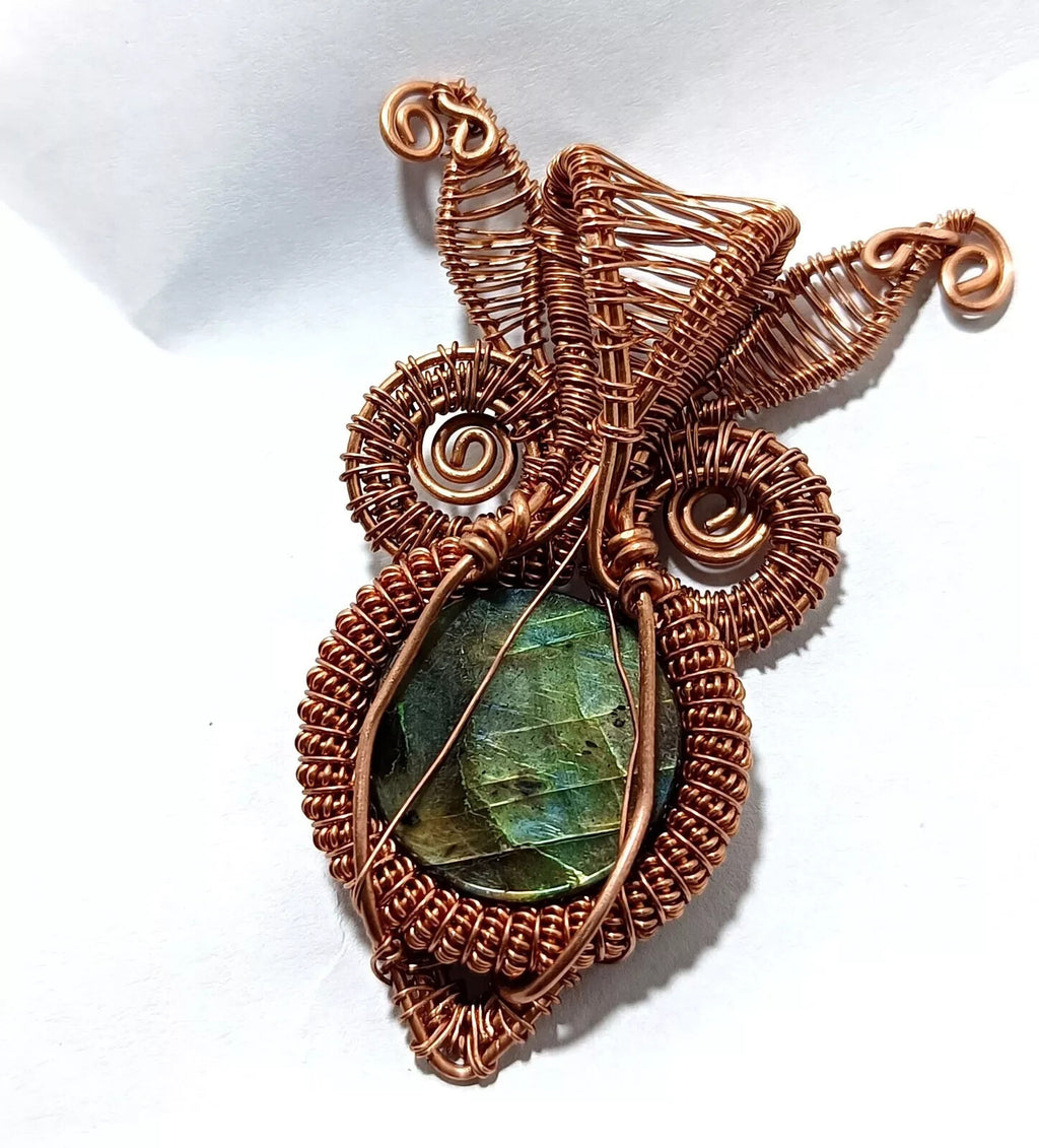 Labradorite Round Wire Wrapped Pendant Handcrafted Copper Gift Of Her 87 Ct