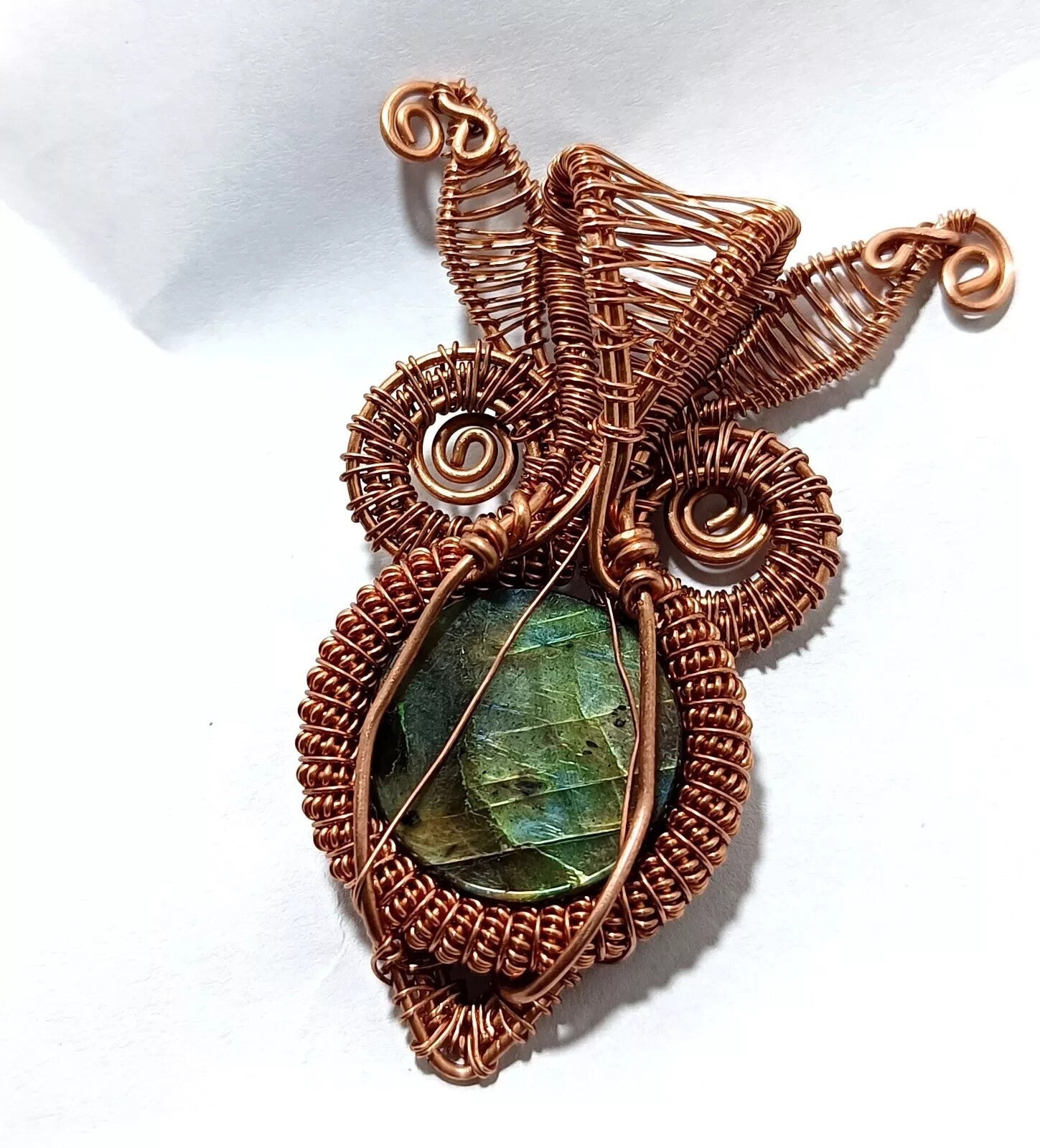 Labradorite Round Wire Wrapped Pendant Handcrafted Copper Gift Of Her 87 Ct