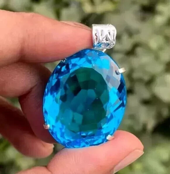 73 Ct+ Certified Natural Blue Oval Topaz 925 Solid Silver Pendant Gemstone