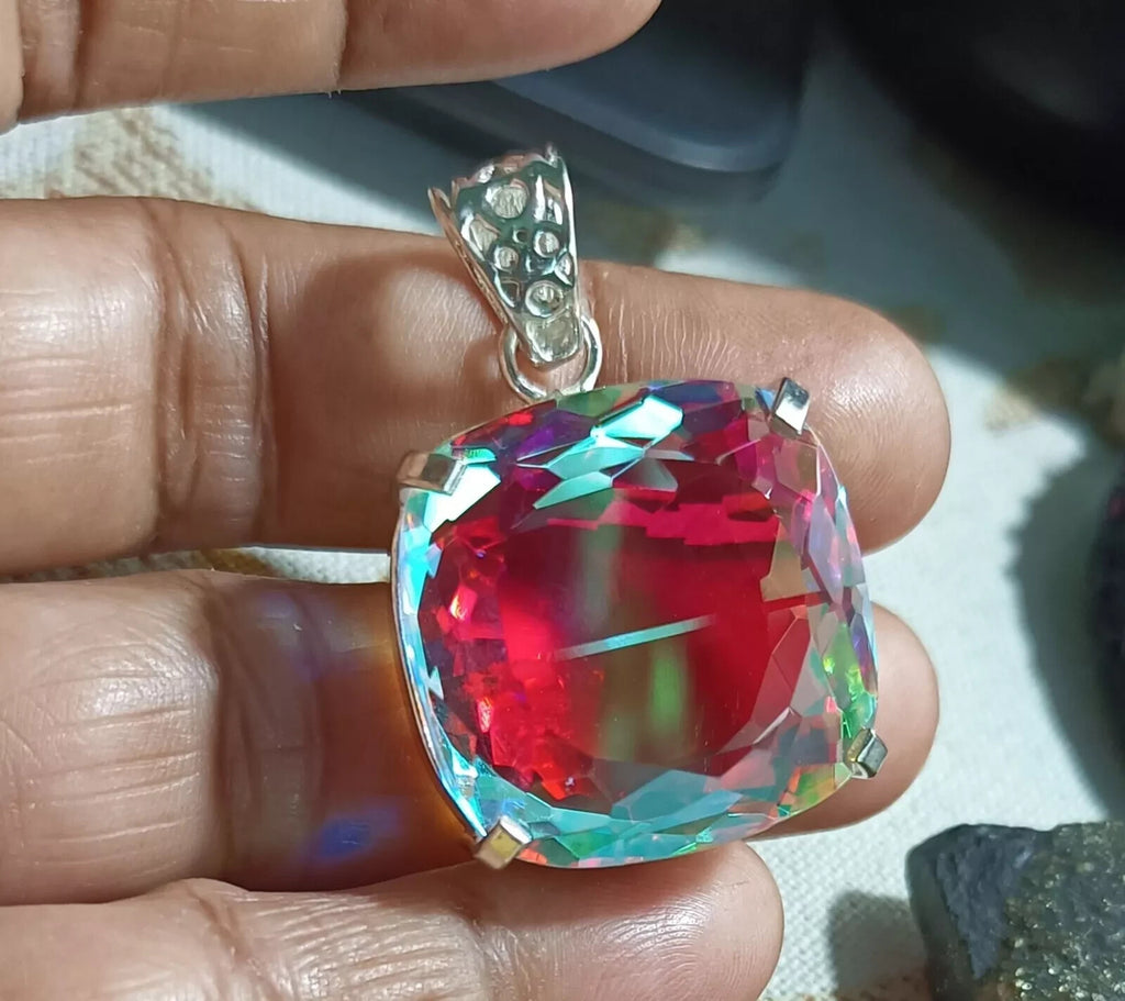 86.29 Ct Natural Hand-Made Mystic 925 Solid Silver Rainbow Color Loose Pendant