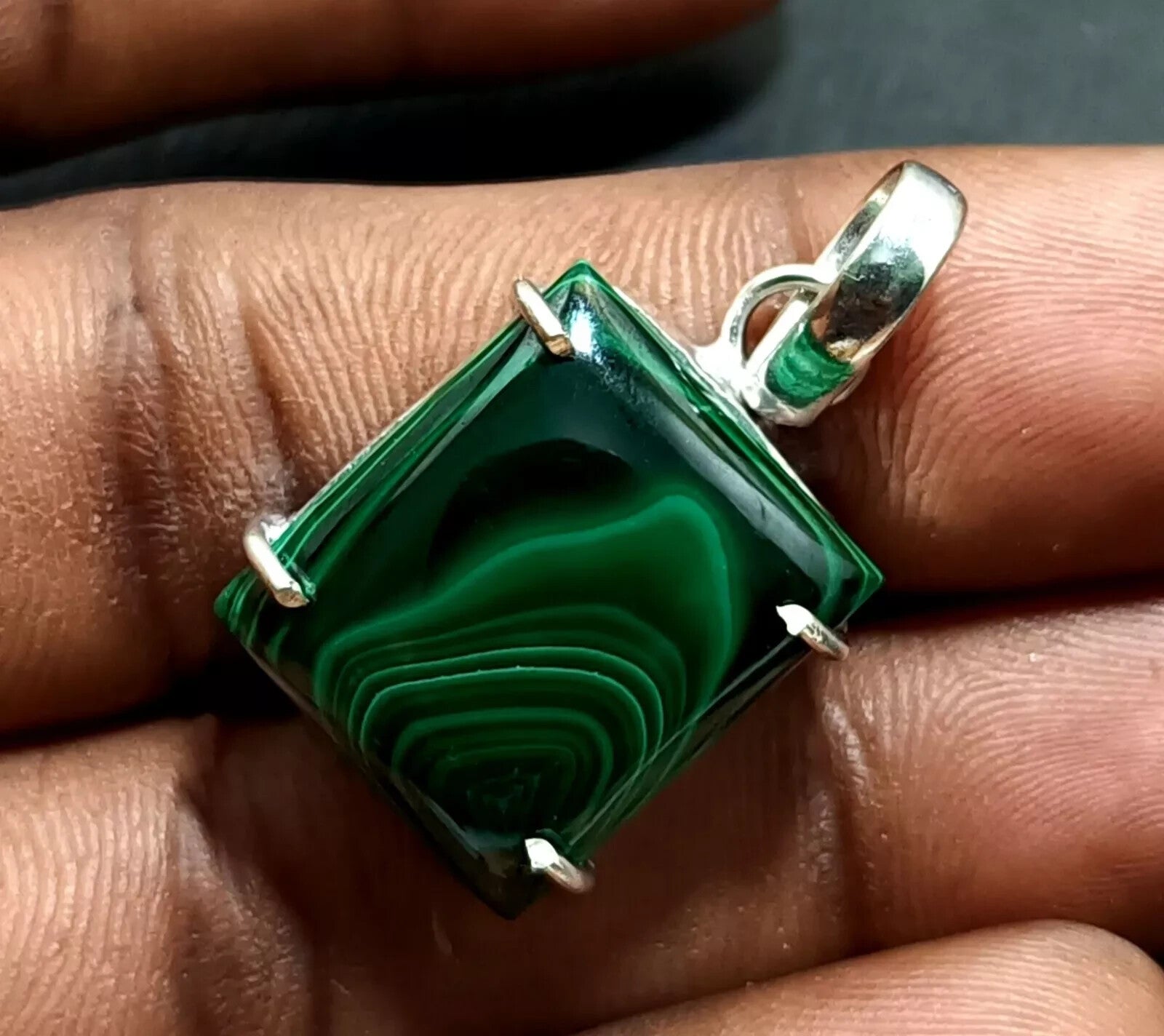 40.80 Natural Green Malachite Hand-Made Pendant In Solid Silver Certified A+Gems