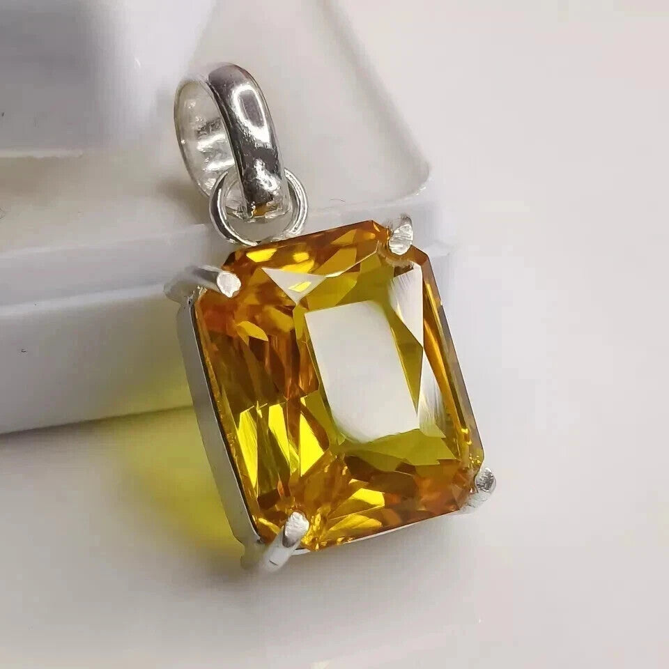 28 Ct+ Natural Yellow Sapphire Emerald Cut 925 Solid Silver Pendant Gemstone