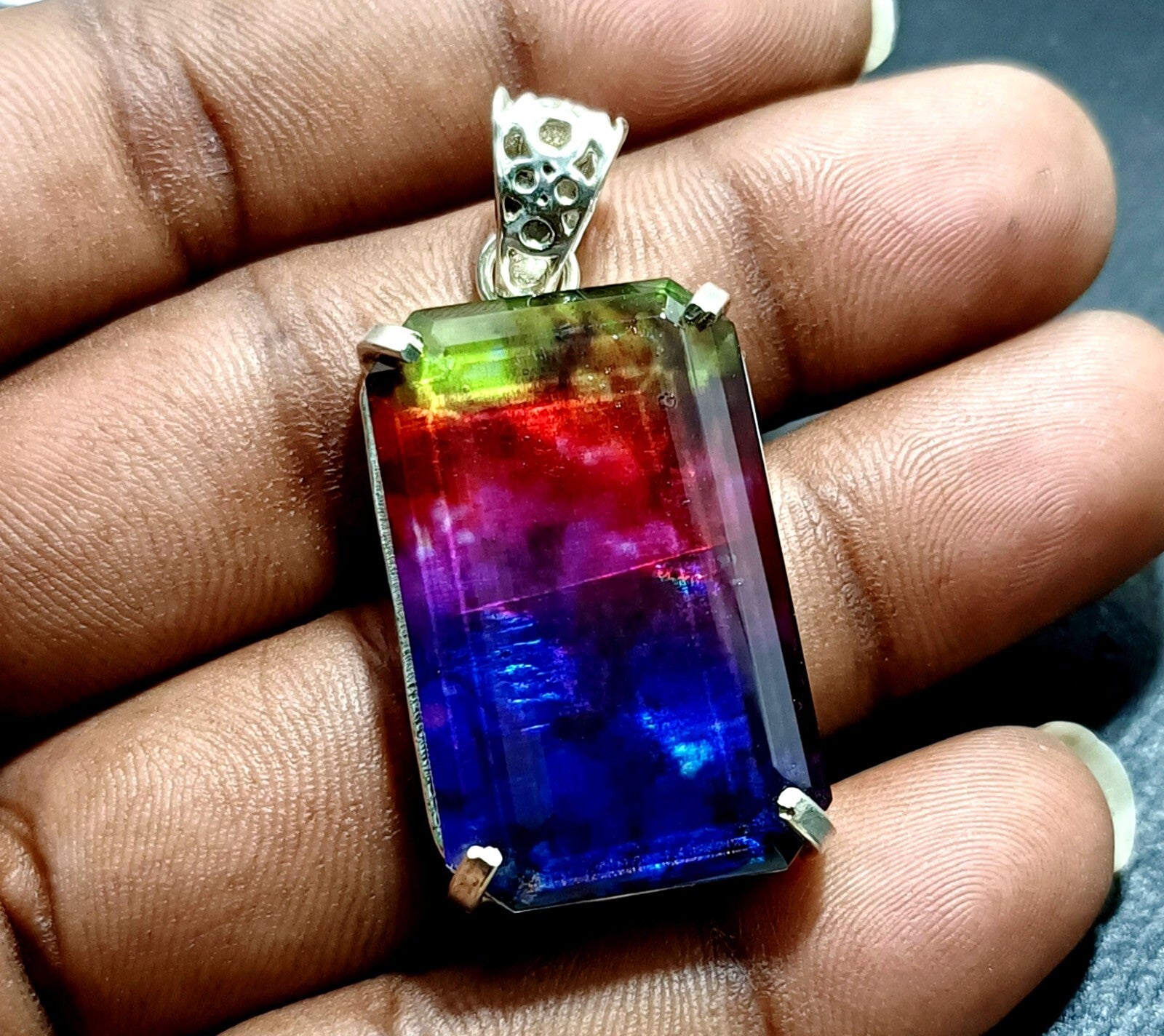 Certified 61.40Ct Natural Ammolite 925 Silver Emerald Cut Pendant Loose Gemstone