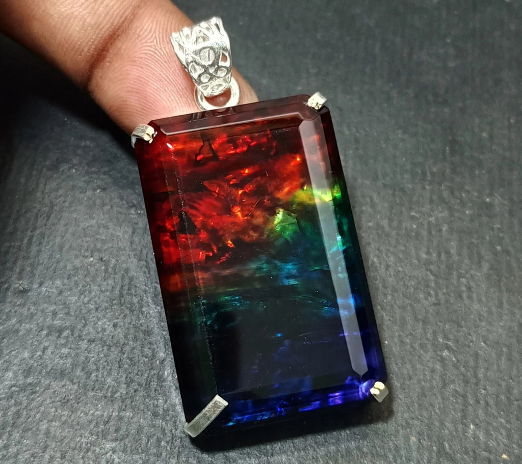 Certified 98.70 Ct Natural Ammolite 925 Solid Silver Rainbow Pendant Gemstone
