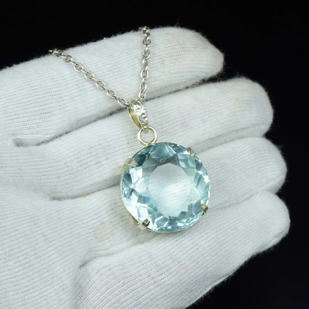 70 CT Aqua Blue Topaz Round Cut Pendant Necklace 925 Sterling Silver Round
