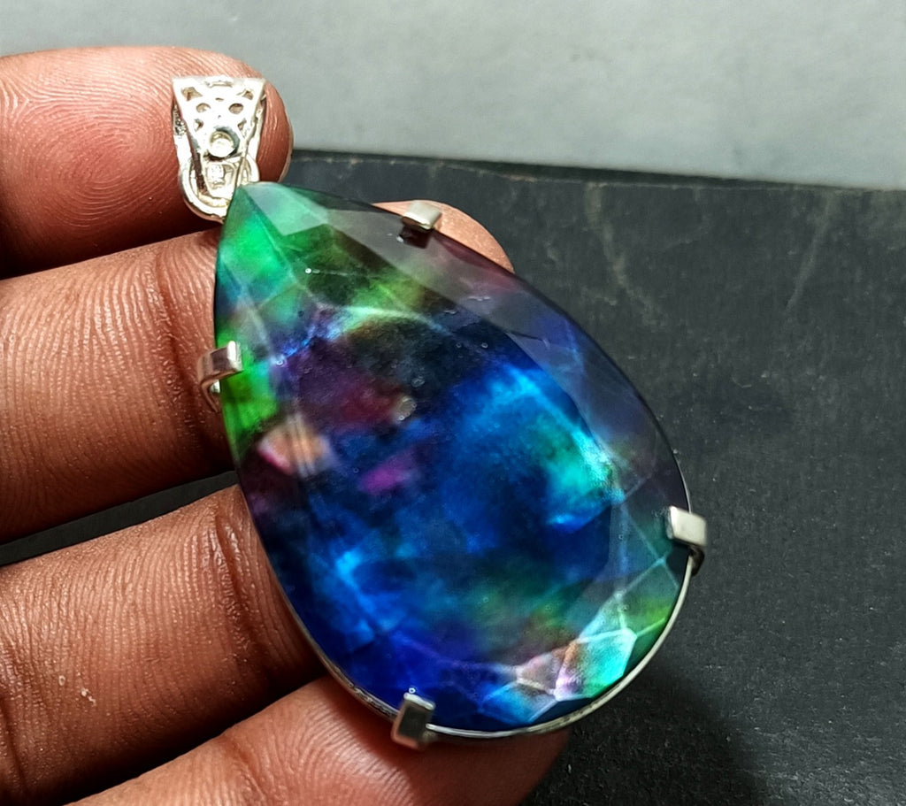 Certified 91.35 Ct Natural Ammolite 925 Solid Silver Rainbow Pendant Gemstone