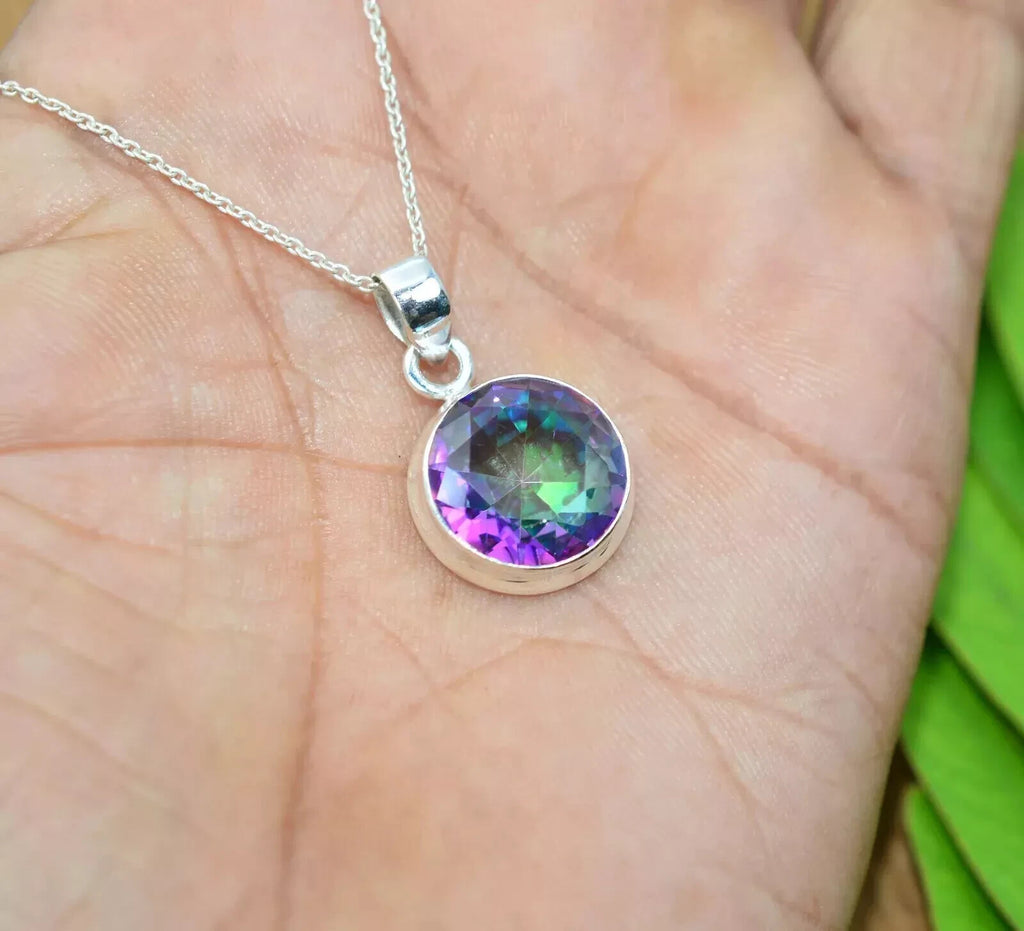 925 SOLID STERLING SILVER FACETED MYSTIC TOPAZ PENDANT 20 Ct Round Cut Gemstone