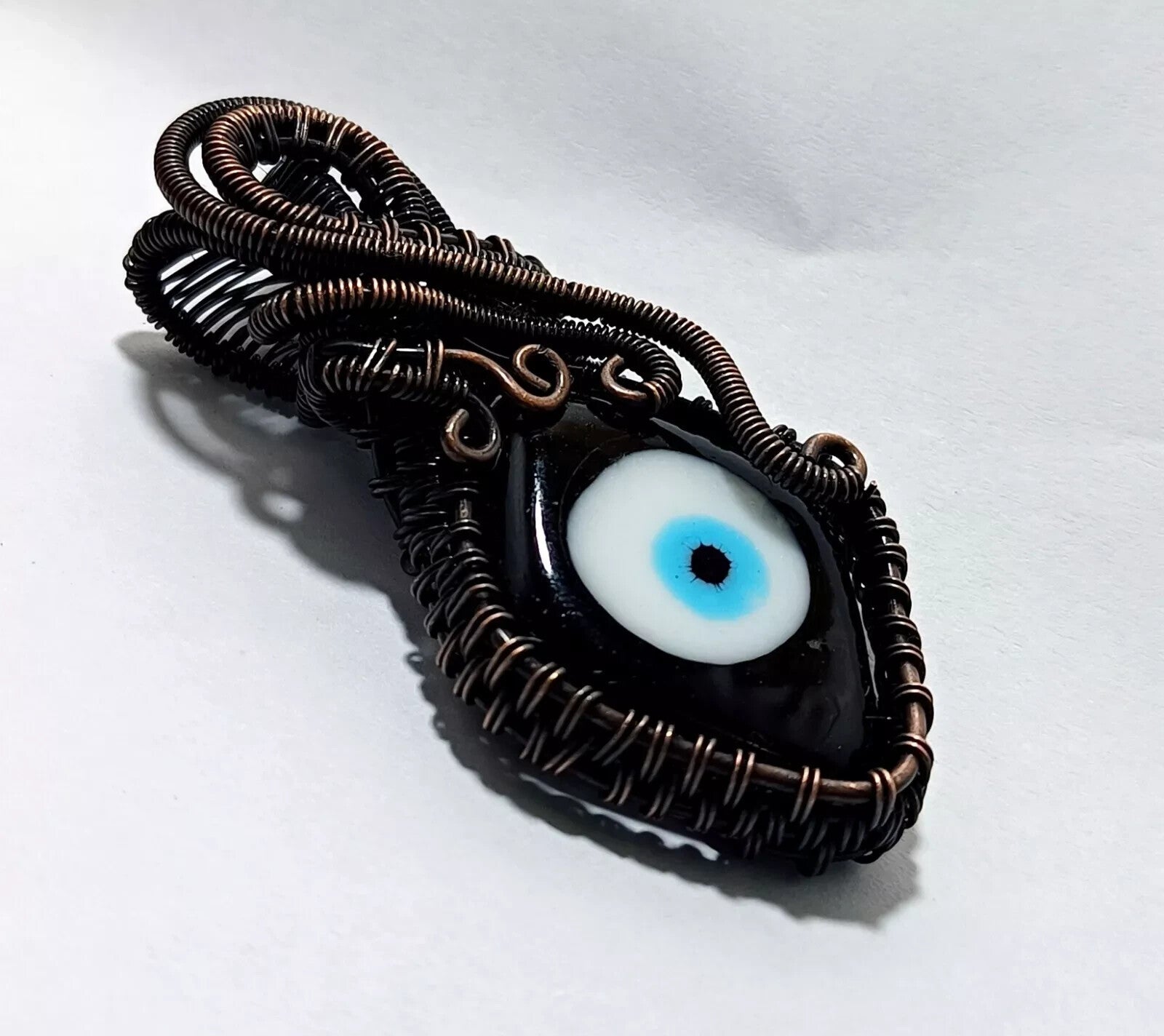 122.5 CT Black Color Evil Eye Gemstone Wire Wrapped Sister Pendant Copper 3.23'