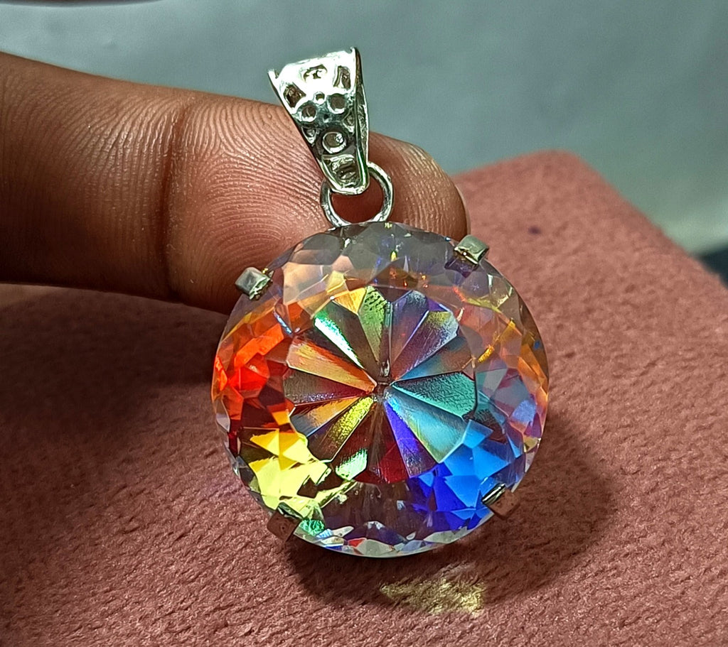 GIE Certified 86.20 Ct Round Natural Mystic Rainbow Pendant 925 Silver Jewelry