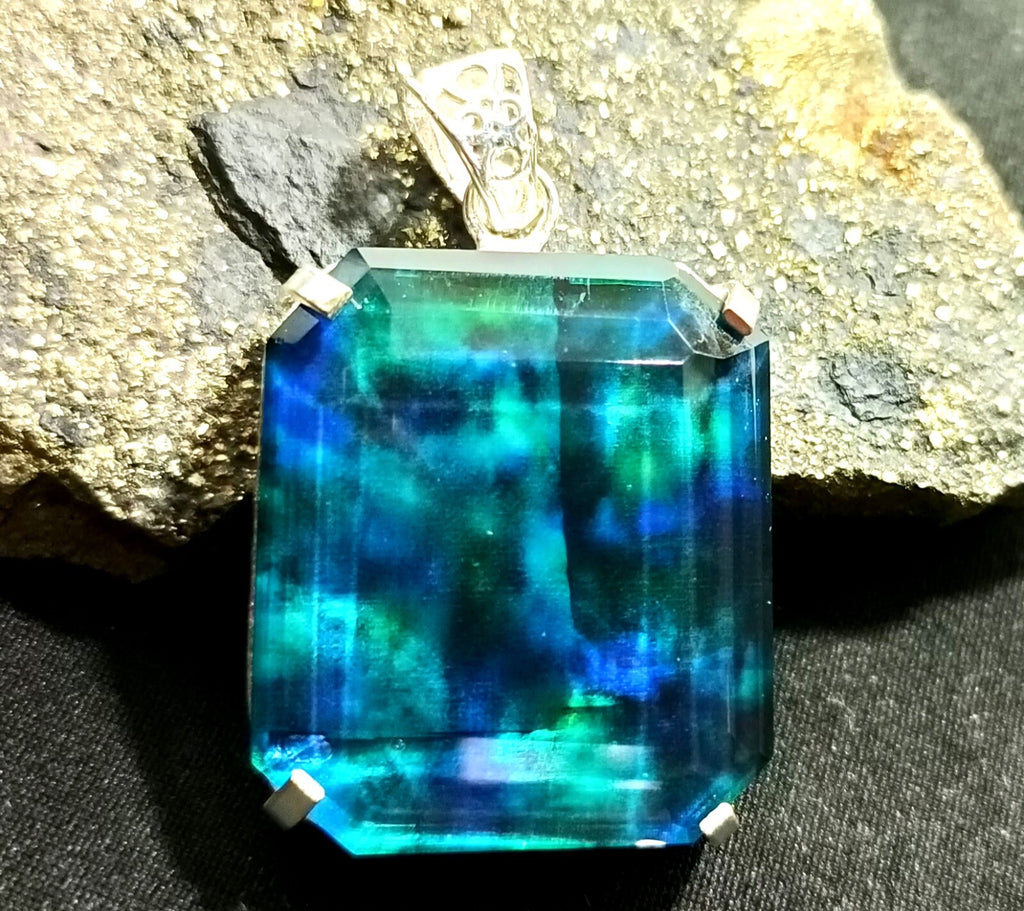 Certified Asscher Cut 95.50Ct Natural Ammolite 925 Solid Silver Pendant Gemstone