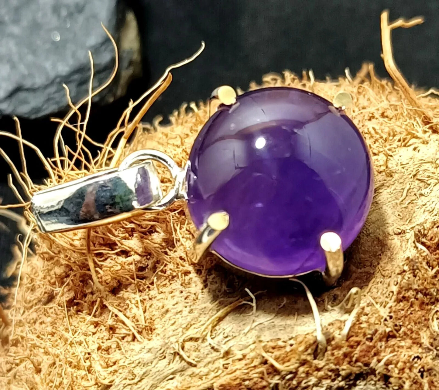 Round Cabochon Natural Violet Amethyst 27.60Ct Sterling Silver Flawless Pendant