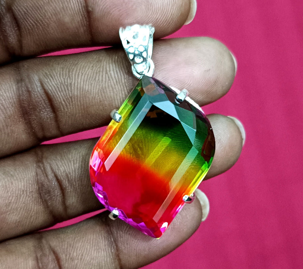 Bi-color Fancy Cut Certified Tourmaline 85 Ct+ Silver Pendant Gemstone